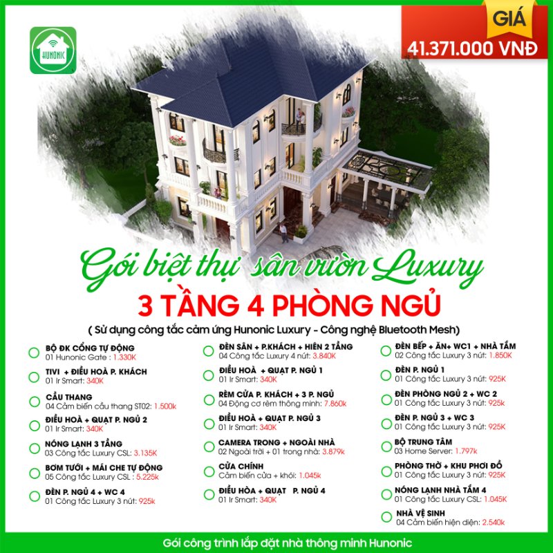 Trọn gói Biệt thự sân vườn Luxury cho nhà 3 tầng, 4 phòng ngủ