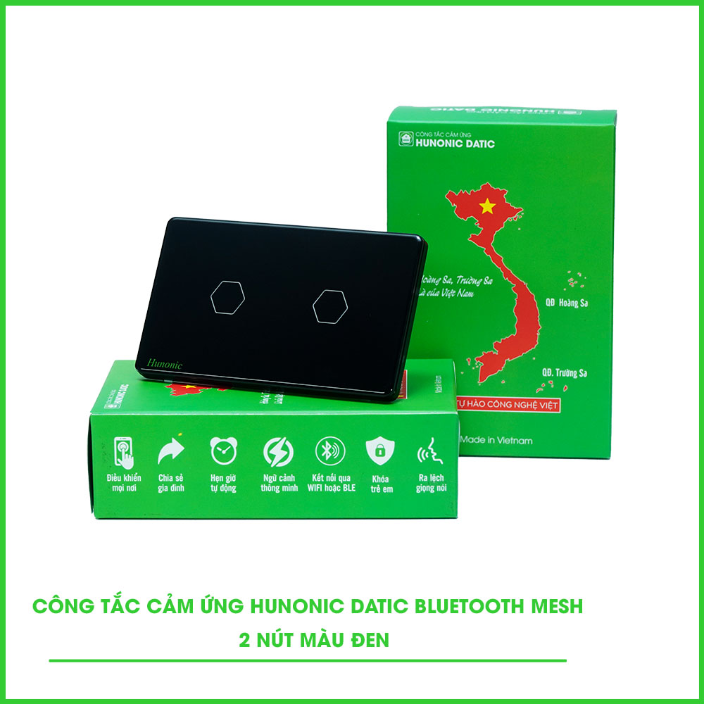 Công Tắc Cảm Ứng 2 Nút BLE Mesh Hunonic Datic Màu Đen
