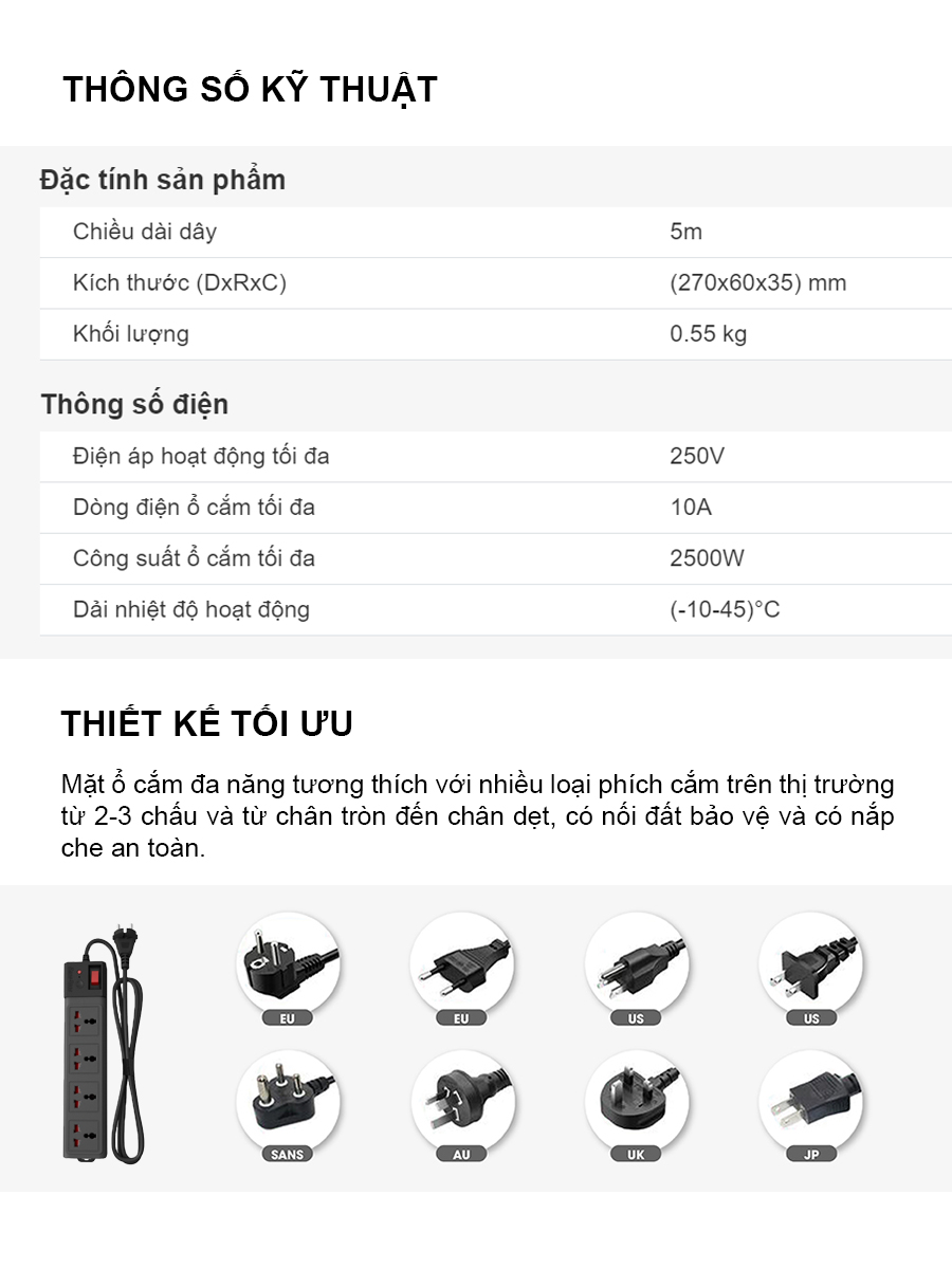 Ổ cắm đa năng chống giật 5m OC04 4C-5M-10A 3